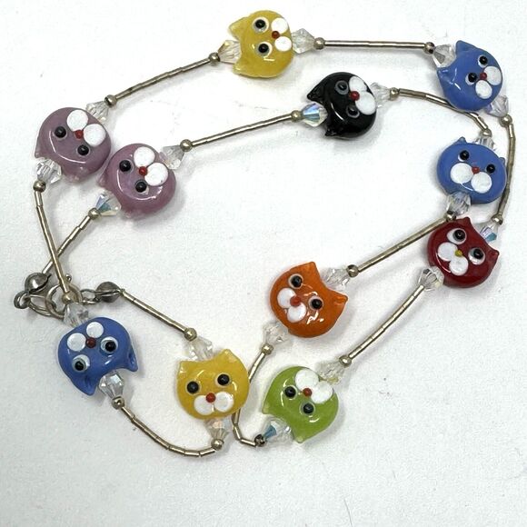 Glass Handmade Colorful Lamp Work Cat Face Necklace Sterling Beads 16” - Picture 2 of 5